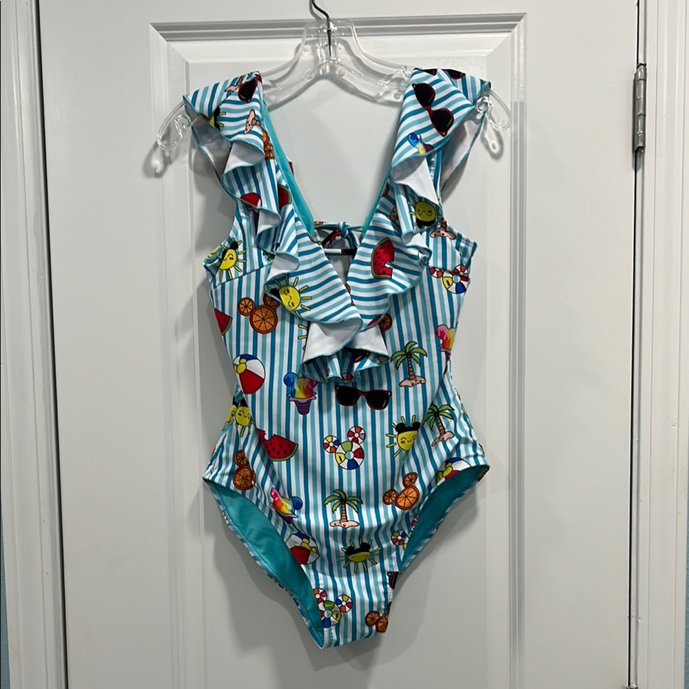 Colorful Hidden Mickey Striped Ruffle Swimsuit
